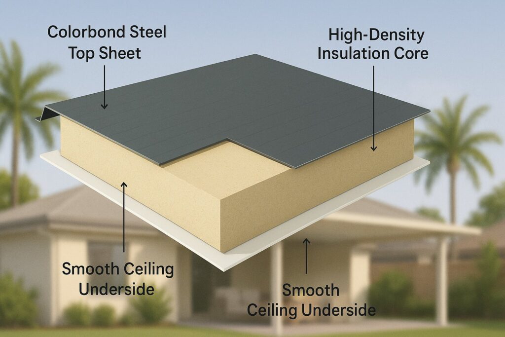 From Backyard to All-Season Oasis: How an Insulated Patio Redefines Outdoor Living 3 A detailed 3D cutaway illustration of an insulated roof panel showing the three layers: Colorbond steel top sheet, high-density insulation core, and smooth ceiling underside
