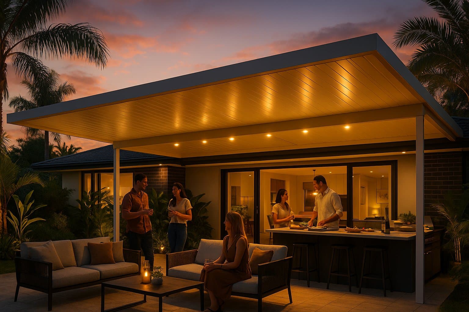 Designing the Perfect Entertainer’s Space with an Insulated Patio: Where Comfort Meets Style 2 A luxurious Gold Coast backyard at sunset featuring a modern insulated patio with stylish outdoor furniture, an integrated BBQ kitchen, and warm ambient lighting