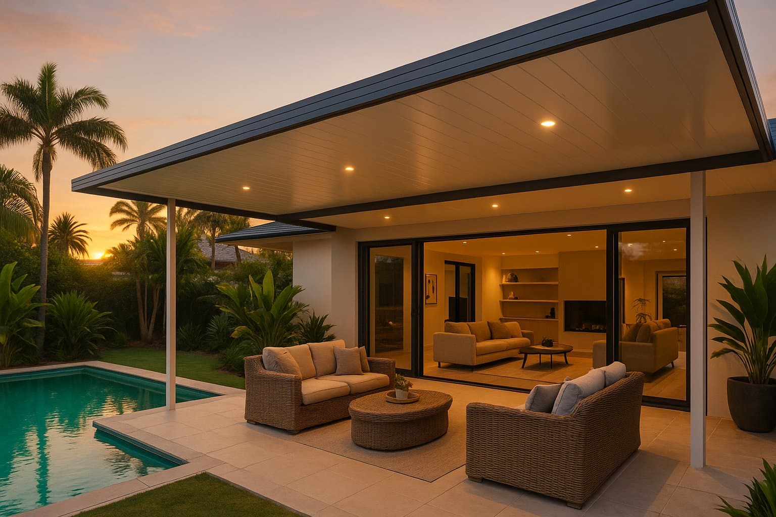 From Backyard to All-Season Oasis: How an Insulated Patio Redefines Outdoor Living 2 A luxurious Gold Coast backyard featuring a modern insulated patio with sleek Colorbond roofing