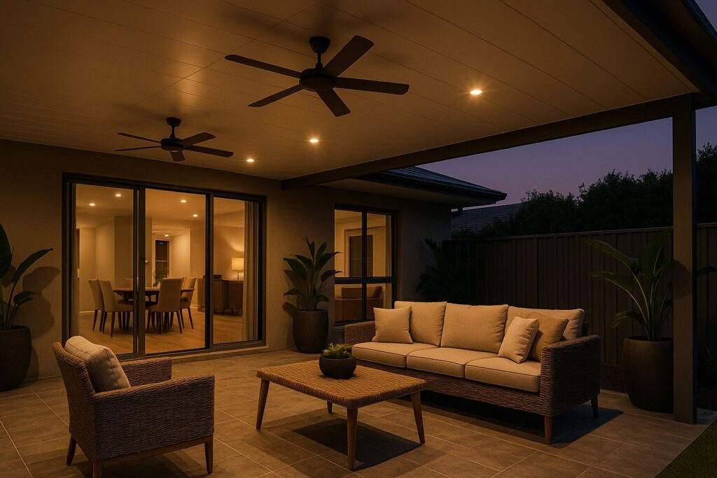 Designing the Perfect Entertainer’s Space with an Insulated Patio: Where Comfort Meets Style 4 A stylish outdoor living setup under a sleek insulated patio roof at twilight