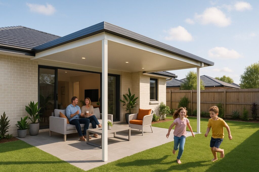 Designing the Perfect Entertainer’s Space with an Insulated Patio: Where Comfort Meets Style 5 A bright, modern Australian home showcasing an insulated patio connected to the house, viewed from the backyard in daylight