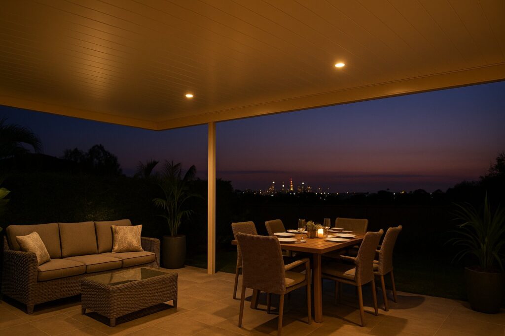 From Backyard to All-Season Oasis: How an Insulated Patio Redefines Outdoor Living 5 A cozy twilight scene of a completed insulated patio featuring soft LED lighting, rattan furniture, plants, and a dining setup for guests