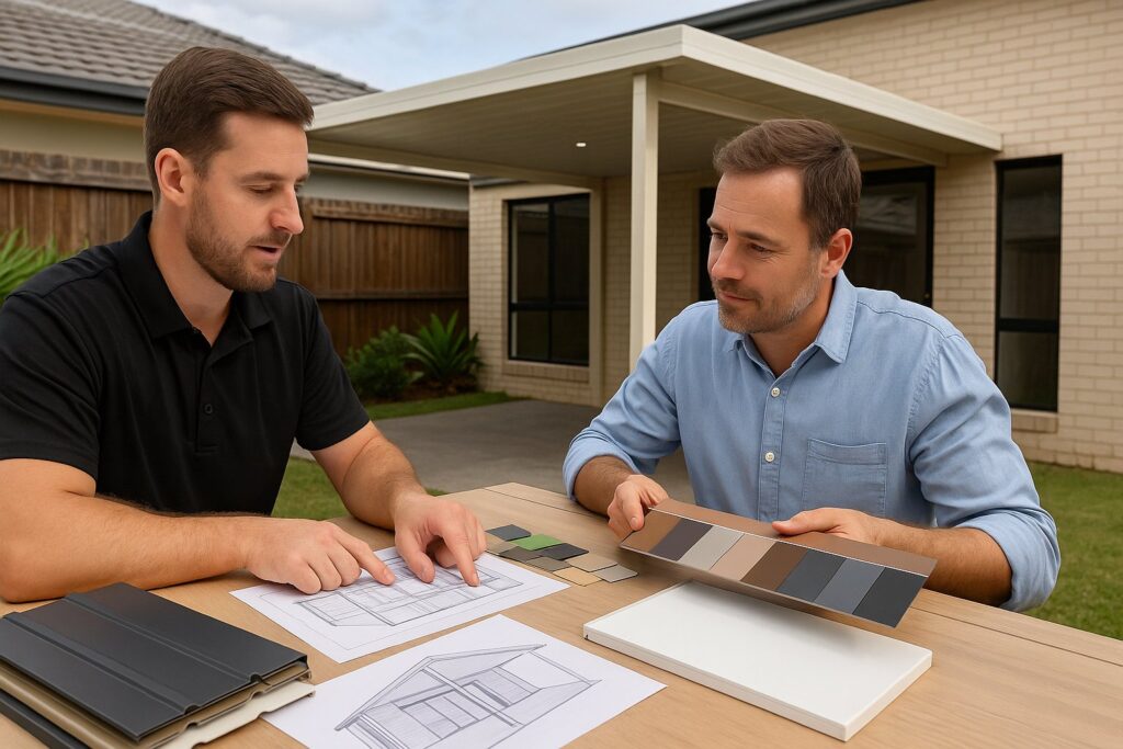 From Backyard to All-Season Oasis: How an Insulated Patio Redefines Outdoor Living 4 A professional patio designer reviewing blueprints and color samples with a Gold Coast homeowner in their backyard