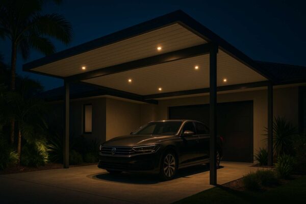 Architectural Lighting Ideas for Insulated Carports: Function Meets Night-Time Style 3 Insulated carport showing layered lighting, including ambient, task, and accent fixtures for improved night-time usability.