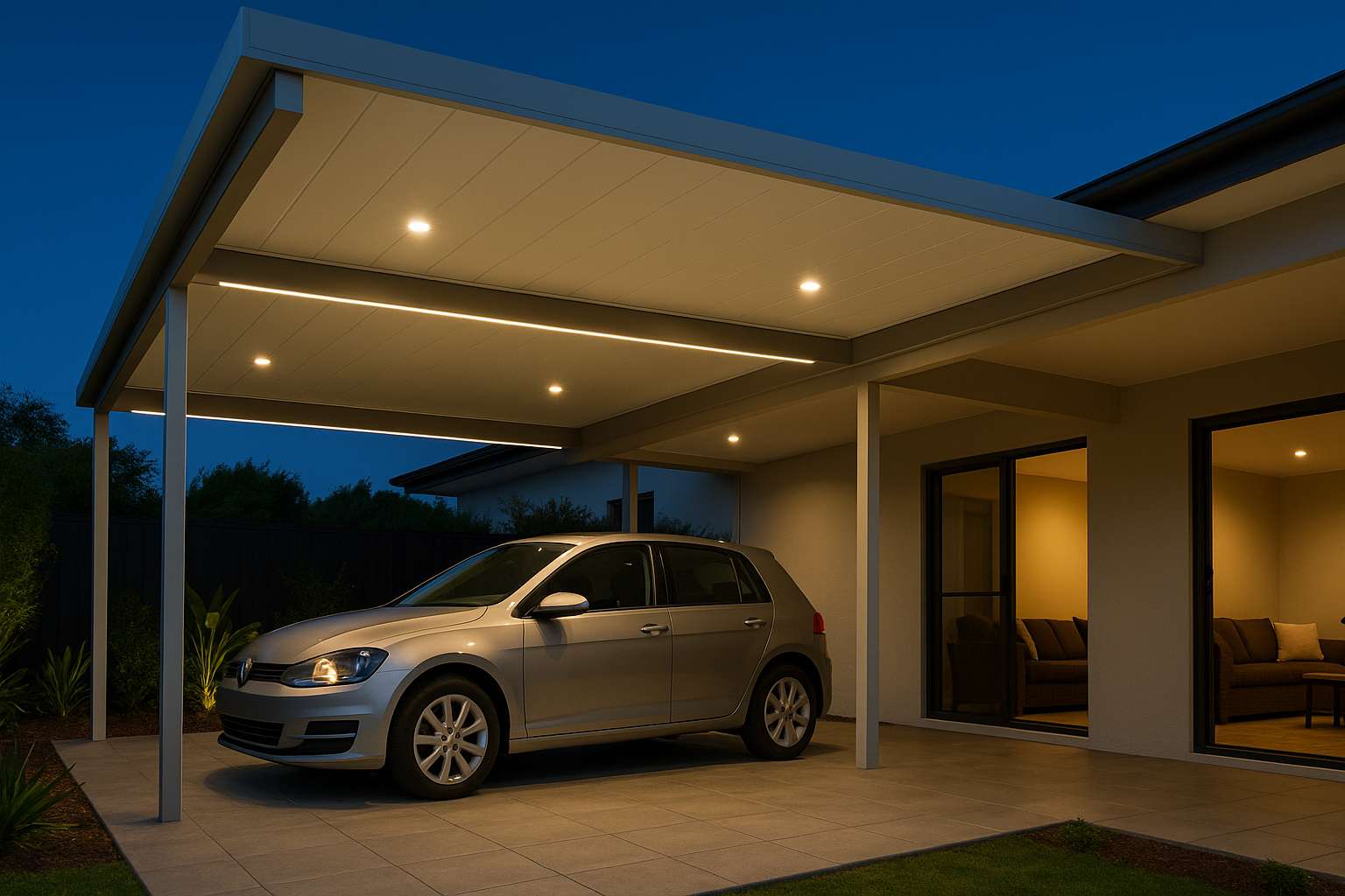 Modern insulated carport on the Gold Coast at night with warm LED downlights lighting the vehicle area and architectural details.