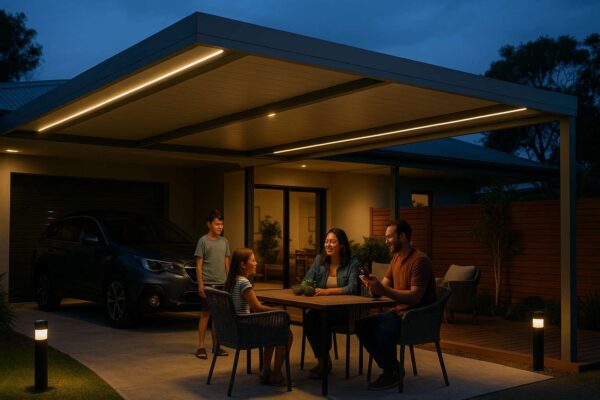 Architectural Lighting Ideas for Insulated Carports: Function Meets Night-Time Style 5 Family enjoying smart, adjustable lighting beneath an insulated carport connected to patio living space at night.
