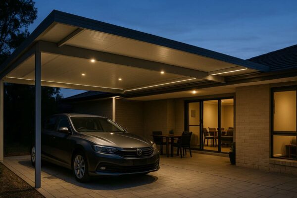 Architectural Lighting Ideas for Insulated Carports: Function Meets Night-Time Style 4 insulated carport featuring seamlessly integrated wiring and LED lighting beneath clean COLORBOND roofing.