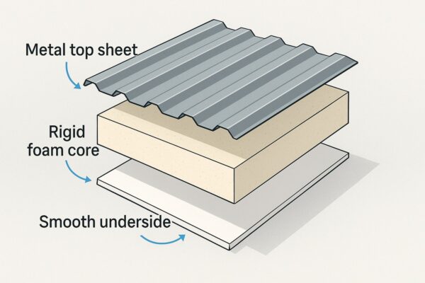 How Insulated Carports Improve Vehicle Longevity Through Temperature Regulation 3 Diagram showing the layered structure of an insulated roofing panel used for carports.