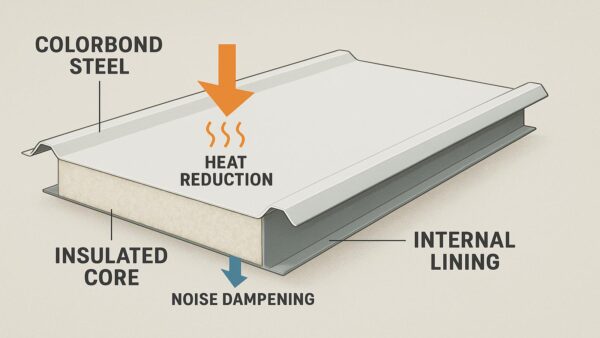 Cutaway diagram of an insulated carport roof panel showing the layered design that reduces heat, noise, and condensation.