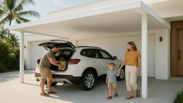 Family comfortably using an insulated carport that provides shade, vehicle protection, and everyday convenience.