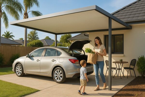 Insulated Carports Are No Longer Optional on the Gold Coast, They Are Strategic 4 Family comfortably using a cool insulated carport as a functional outdoor space beside their home.