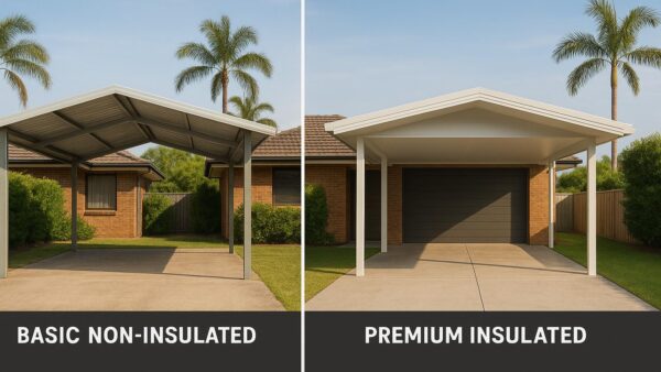 Side-by-side comparison of a non-insulated carport overheating versus an insulated carport providing cooler shade and protection.
