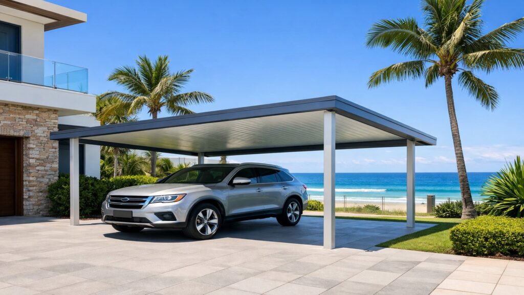 Modern insulated coastal carport with grey Colorbond roof protecting a vehicle near the ocean.