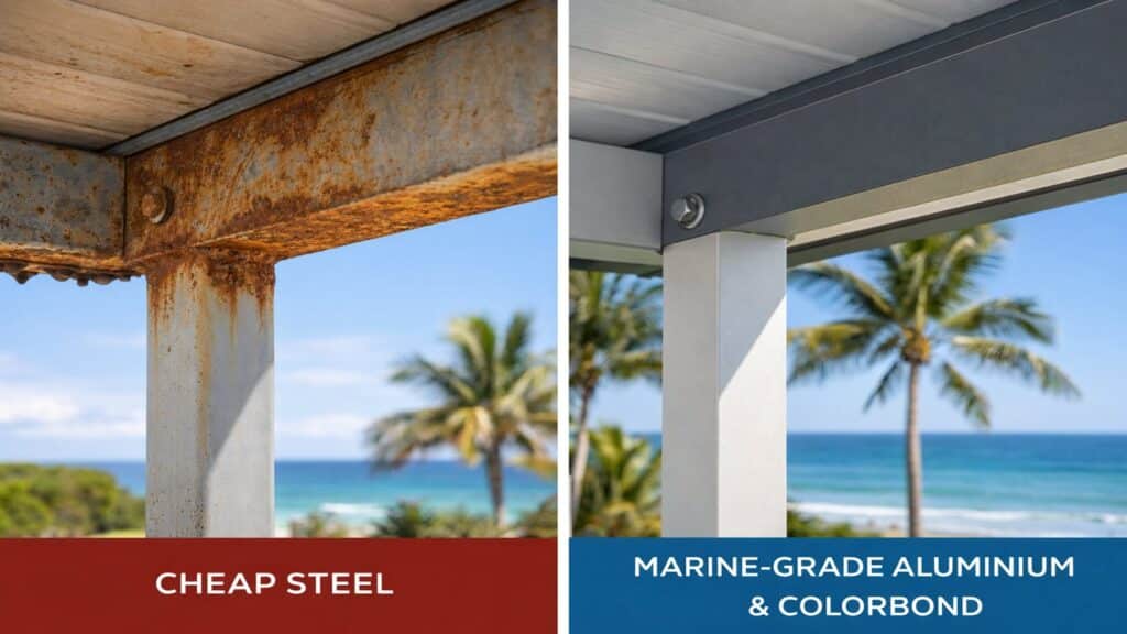 Comparison of rusted low-grade carport steel versus corrosion-resistant marine-grade materials.