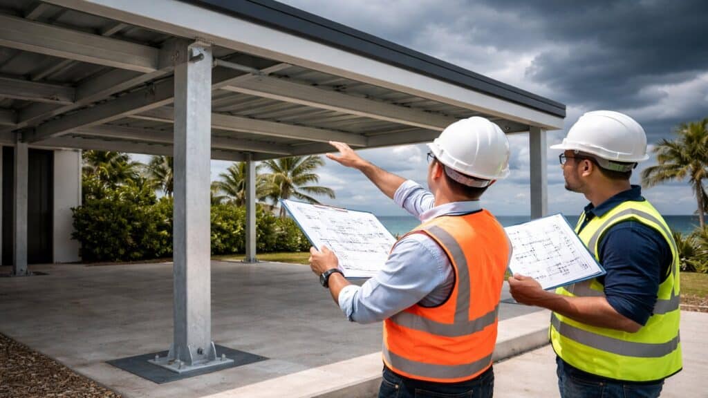 Engineers checking cyclone-rated carport structure designed for high wind conditions.