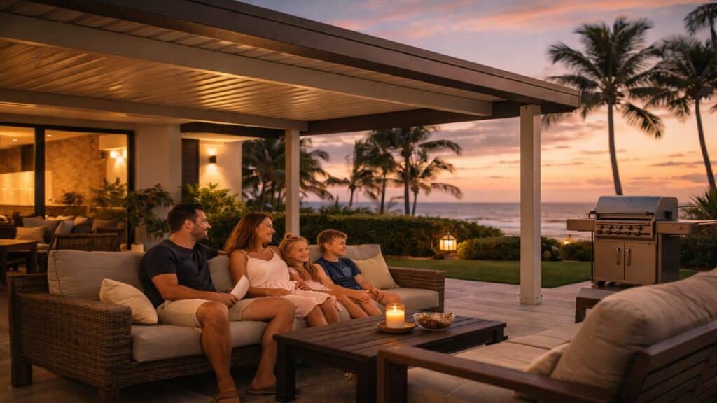 Family enjoying shaded patio space under an insulated coastal carport.