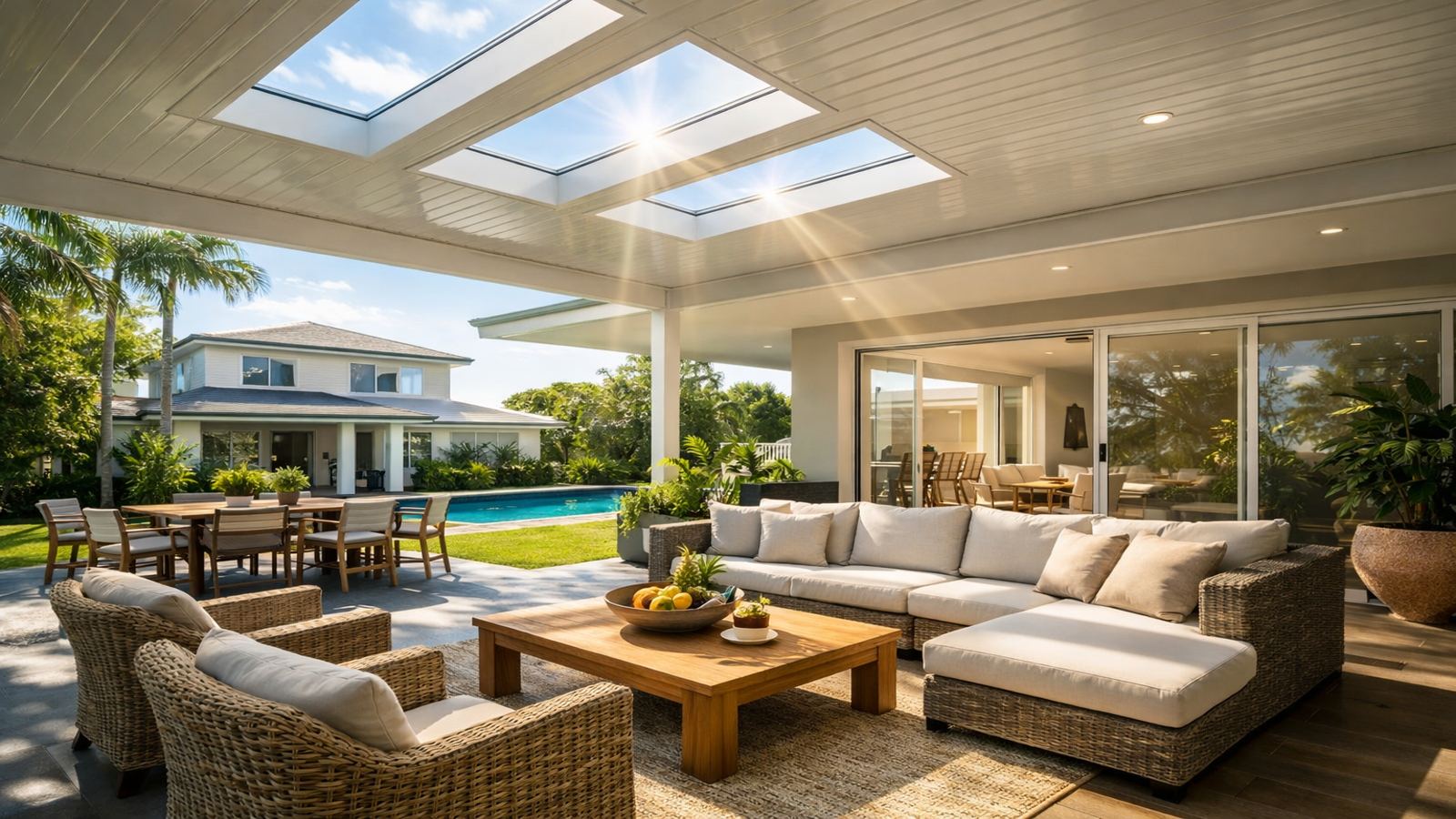Modern insulated patio with skylights allowing natural sunlight to brighten the outdoor living area.