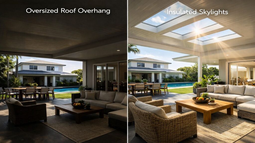 Skylights or Larger Roof Overhangs? Which Brings Better Light to Insulated Patios? 3 Comparison showing dark patio caused by large overhang versus bright patio with skylights.