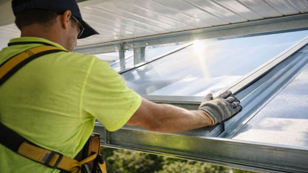 Skylights or Larger Roof Overhangs? Which Brings Better Light to Insulated Patios? 4 Builder installing a skylight into an insulated patio roof system.