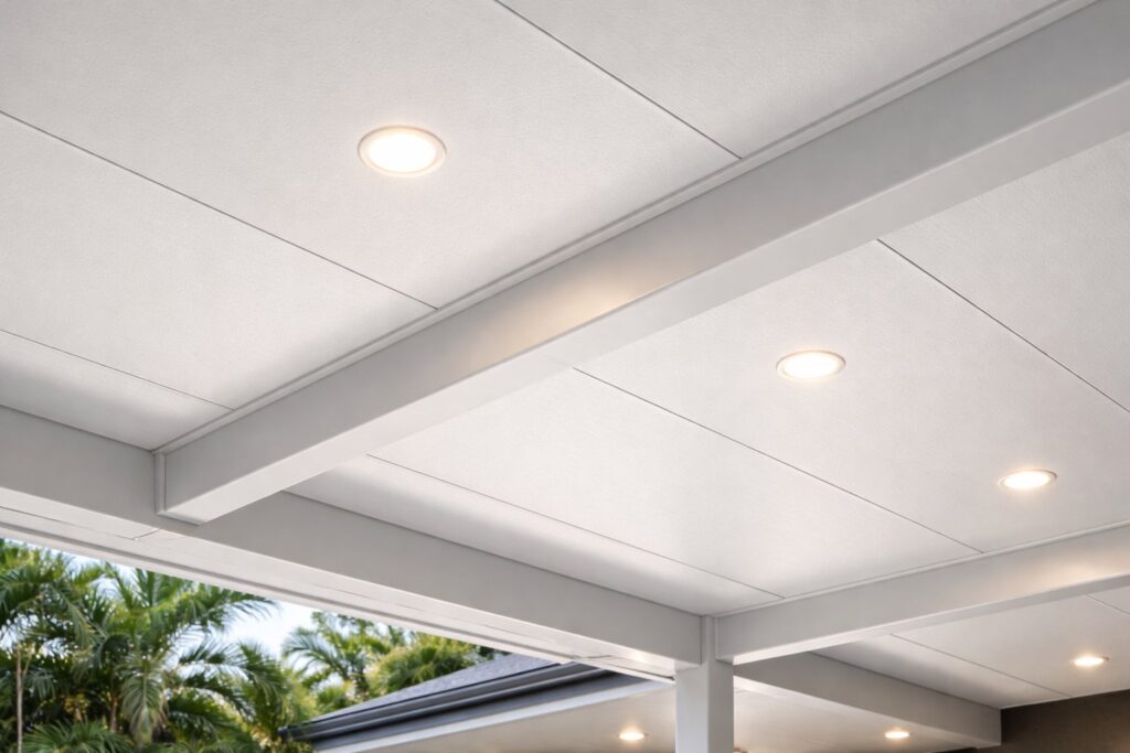 Premium Lighting Options for Insulated Carports That Feel Designed 3 Close-up of flush LED downlights neatly installed in insulated carport ceiling panels with no exposed wiring.