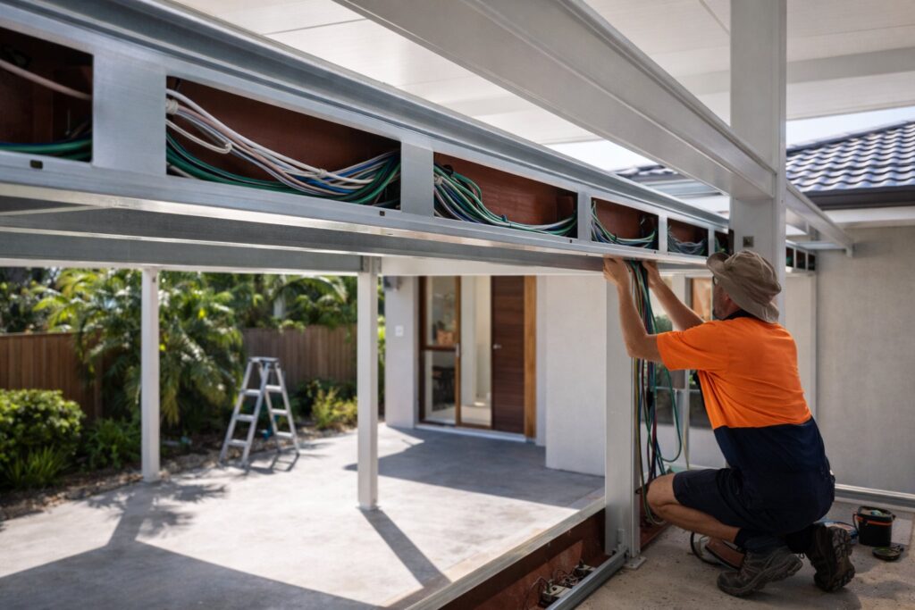 Premium Lighting Options for Insulated Carports That Feel Designed 5 Insulated carport under construction with electrical wiring concealed inside steel beams before panel installation.