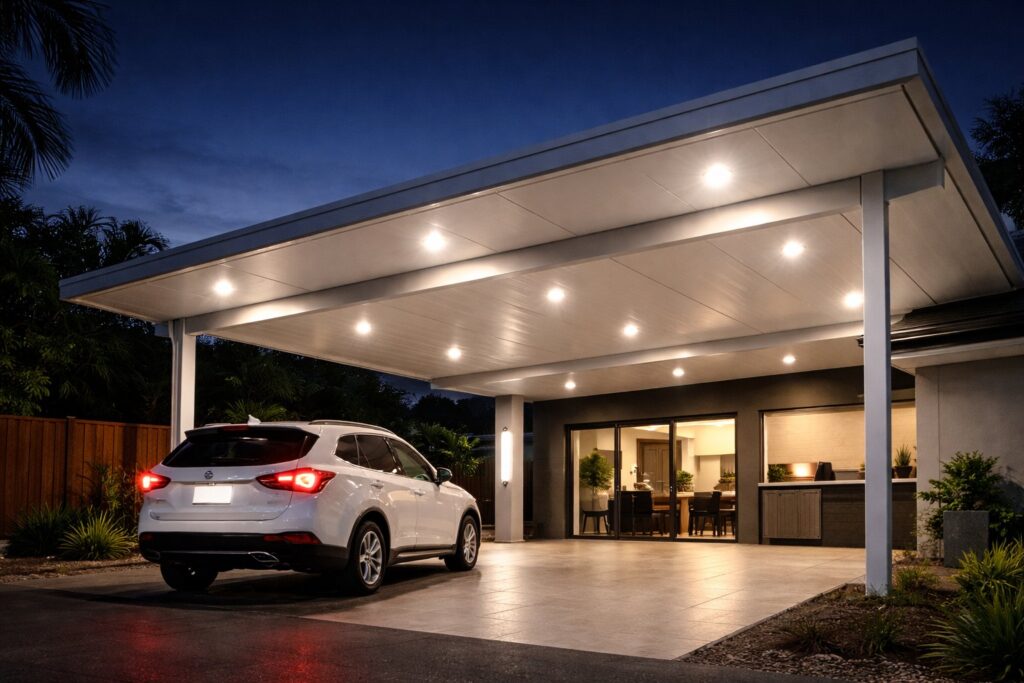 Premium Lighting Options for Insulated Carports That Feel Designed 4 Motion-activated lighting illuminating an insulated carport as a vehicle arrives at night.