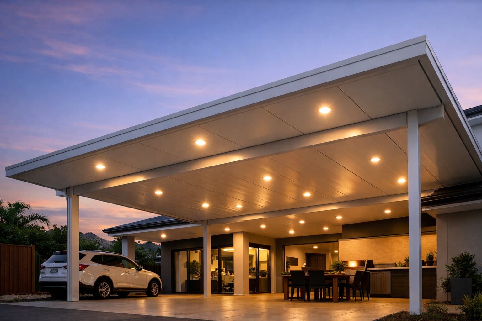 Modern insulated carport with flush LED downlights integrated into a smooth Colorbond ceiling at dusk.