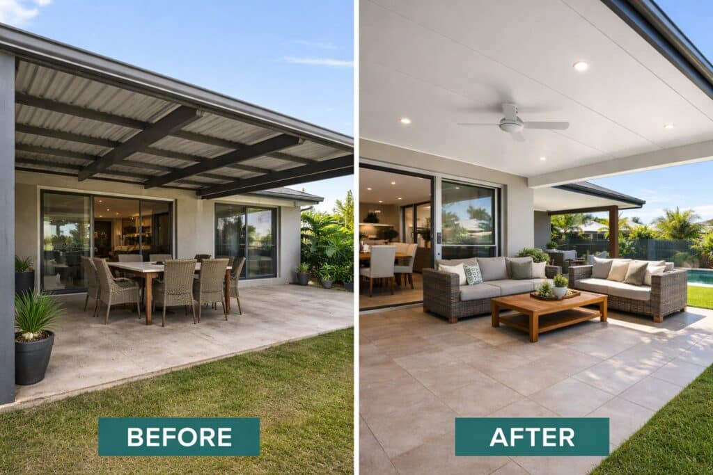 The Ceiling Finish That Makes Insulated Patios Feel Like Interior Rooms 5 Before and after comparison showing basic pergola upgraded to insulated patio with smooth ceiling finish.