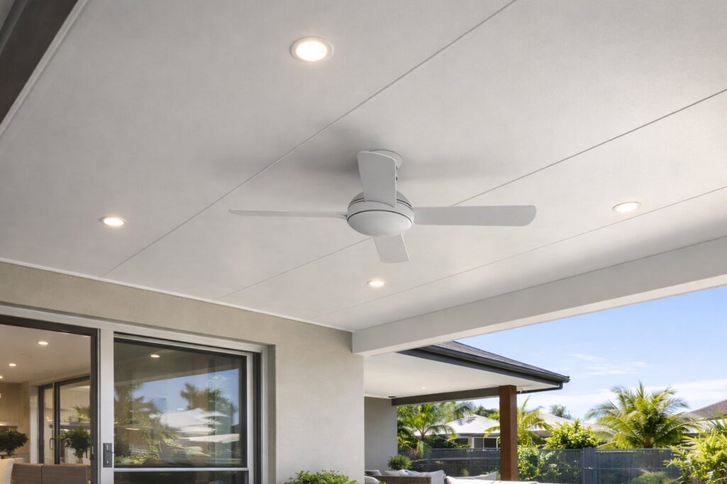 The Ceiling Finish That Makes Insulated Patios Feel Like Interior Rooms 4 Close-up of smooth insulated patio ceiling with integrated LED downlights and ceiling fan.