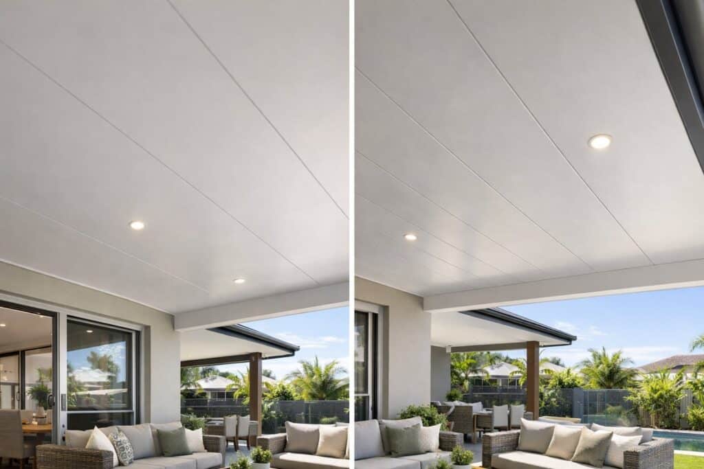 The Ceiling Finish That Makes Insulated Patios Feel Like Interior Rooms 3 Side-by-side comparison of smooth insulated patio ceiling and V-joint ceiling profile under a modern patio roof.