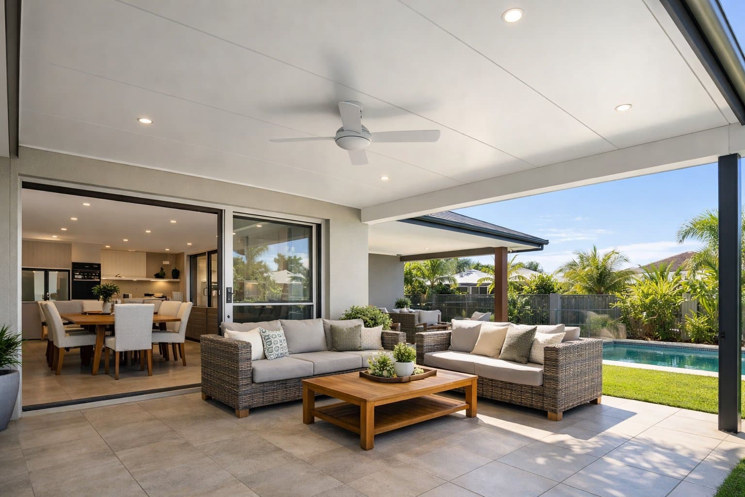 Modern Gold Coast home with attached insulated patio featuring smooth white ceiling panels, downlights, and seamless indoor-outdoor living.