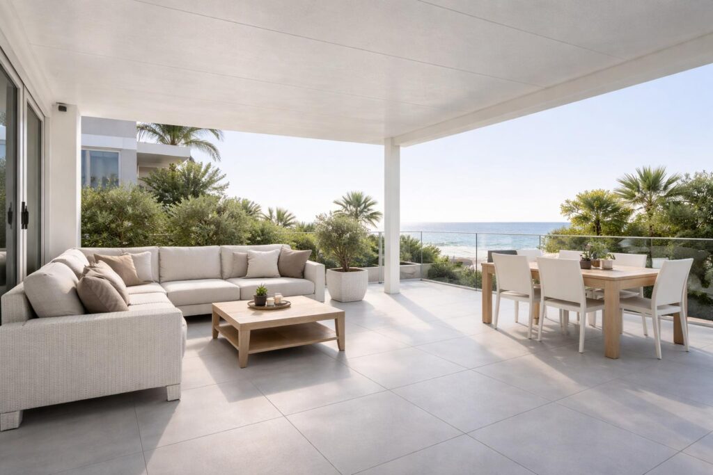 Modern patio with neutral colours and matte finishes creating a comfortable, low-maintenance outdoor space.