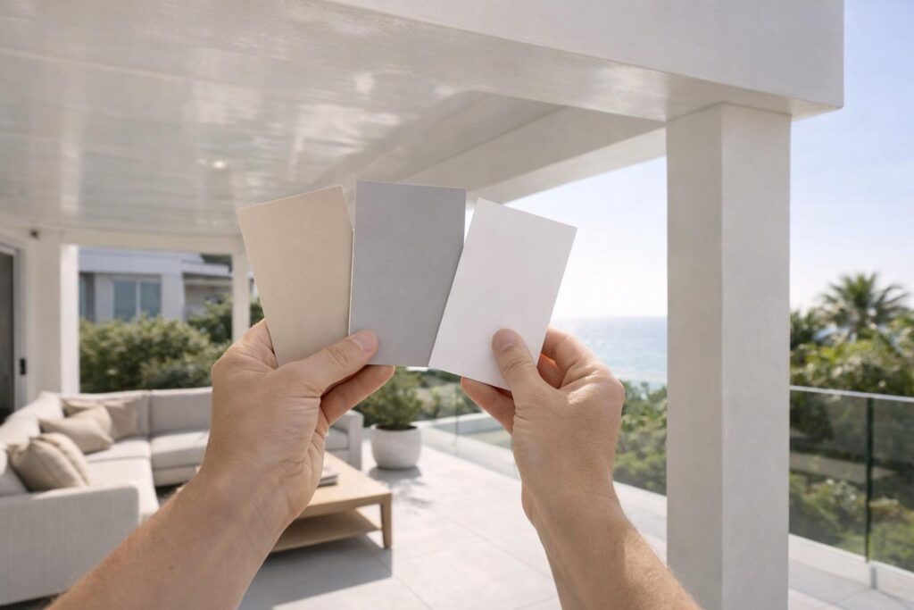 Homeowner testing patio colour samples outdoors in natural sunlight before making a final decision.