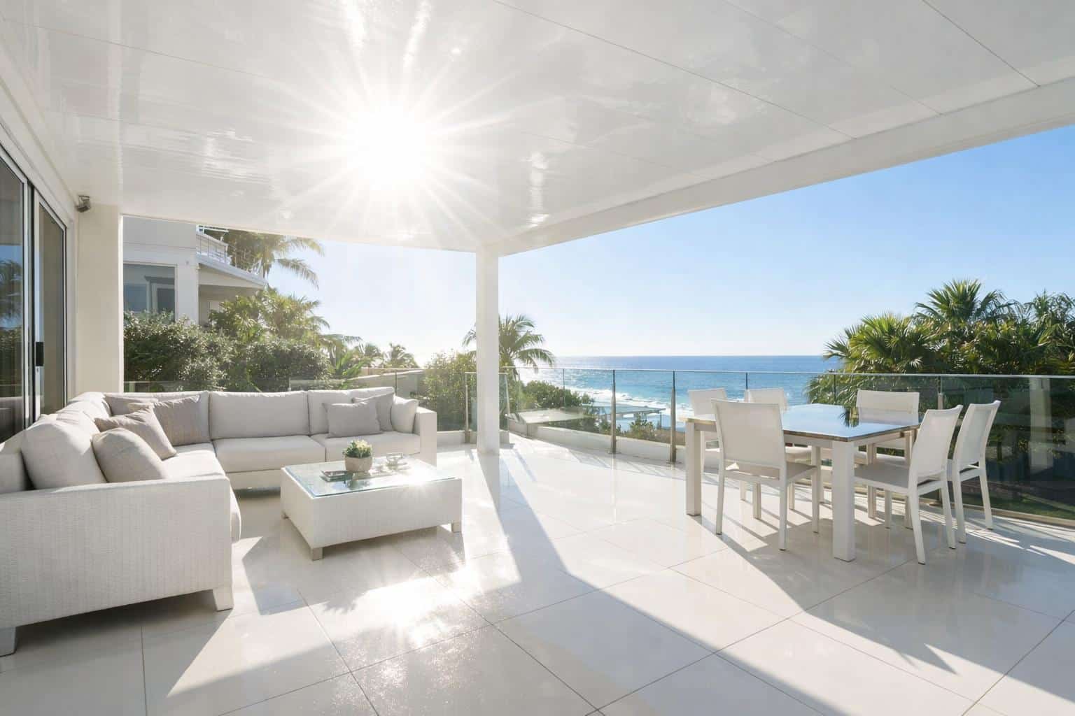 Bright white patio with strong sunlight glare creating an uncomfortable outdoor space.