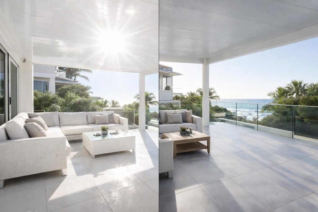 Comparison of a high-glare white patio versus a low-glare neutral grey patio showing improved comfort and cleanliness.