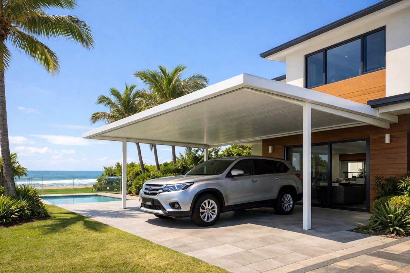 Modern insulated carport attached to a coastal home, providing shade and protection under bright sunlight.