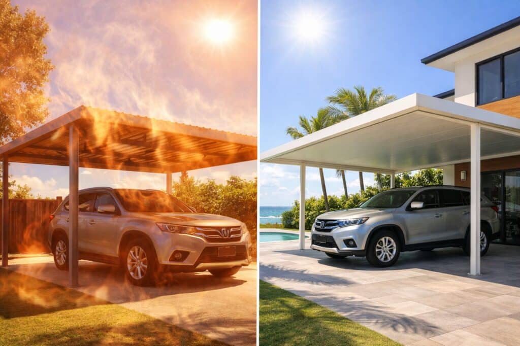 Side-by-side comparison showing a hot standard carport versus a cooler insulated carport in summer conditions.