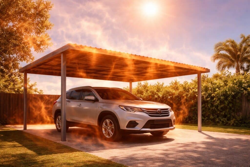 Vehicle under a metal carport experiencing extreme heat buildup and radiant heat from the roof.