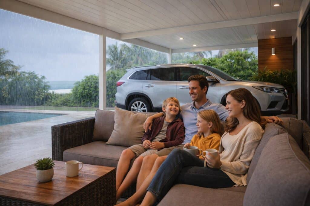 Family enjoying a quiet outdoor space under an insulated carport while rain falls outside.