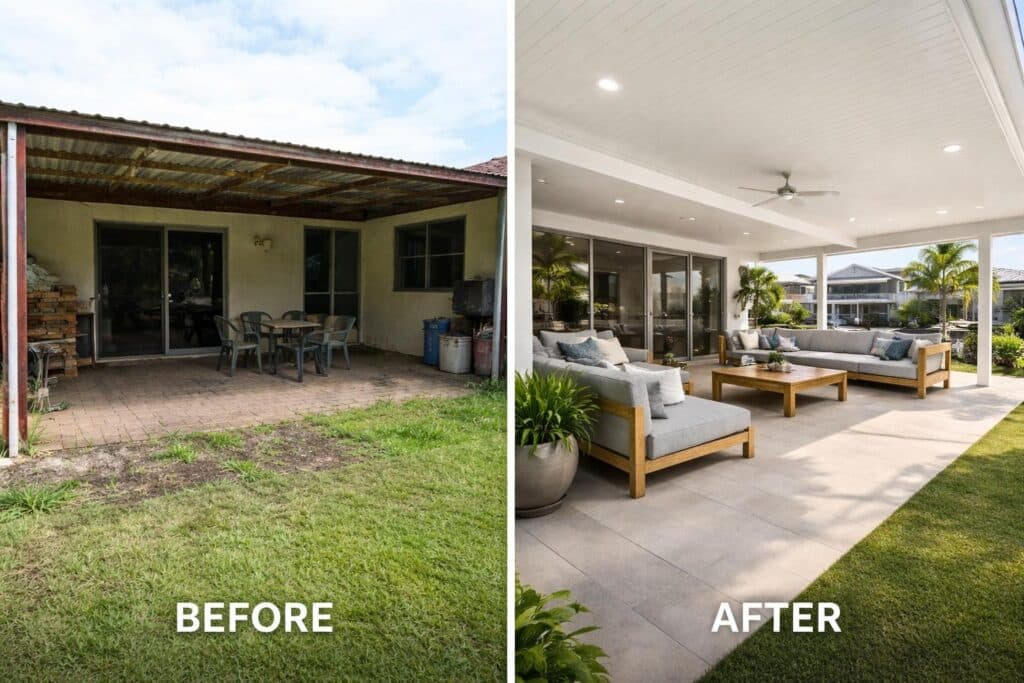 Before and after view showing a backyard transformed into a modern covered patio space.
