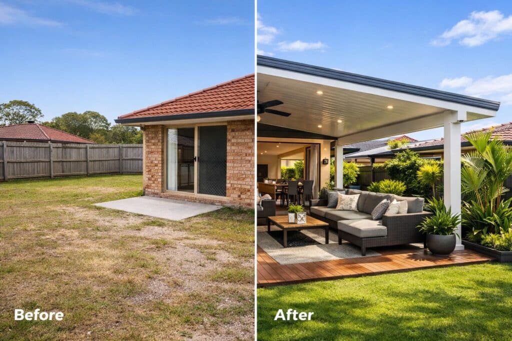 Split image showing an empty backyard transformed into a modern covered patio with seating and landscaping.