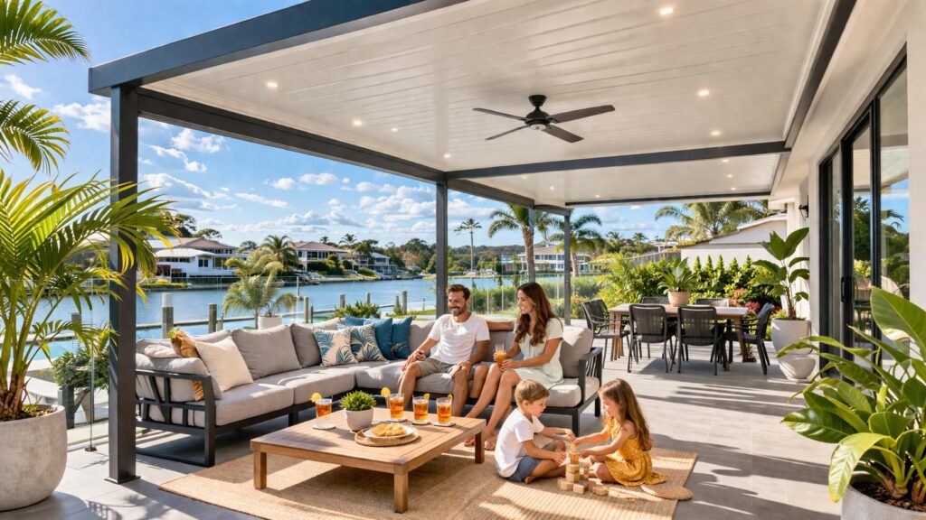 Modern insulated patio at a coastal Biggera Waters home with a family relaxing outdoors in a bright, sunny setting.