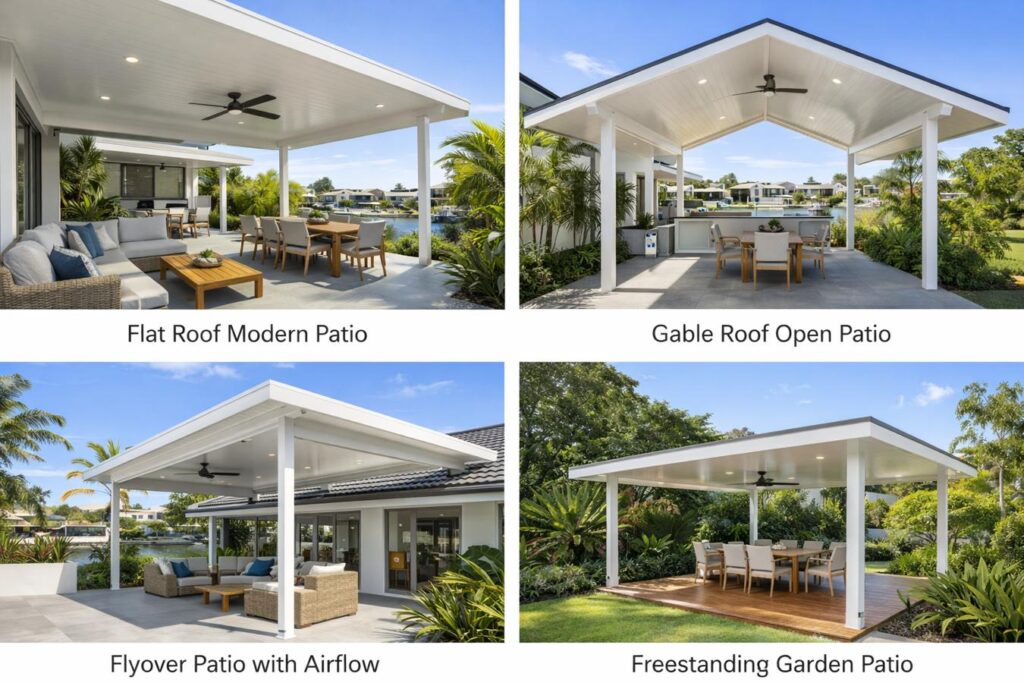 Different patio styles including flat roof, gable, flyover, and freestanding designs for coastal homes.