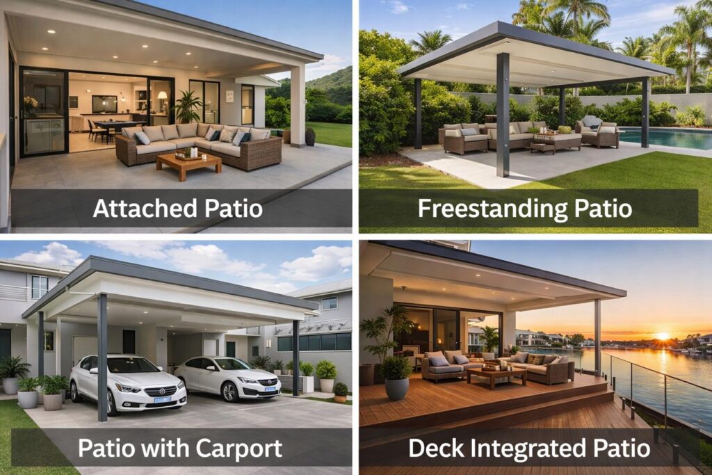 A visual collage showing four different patio layout types used in residential homes.