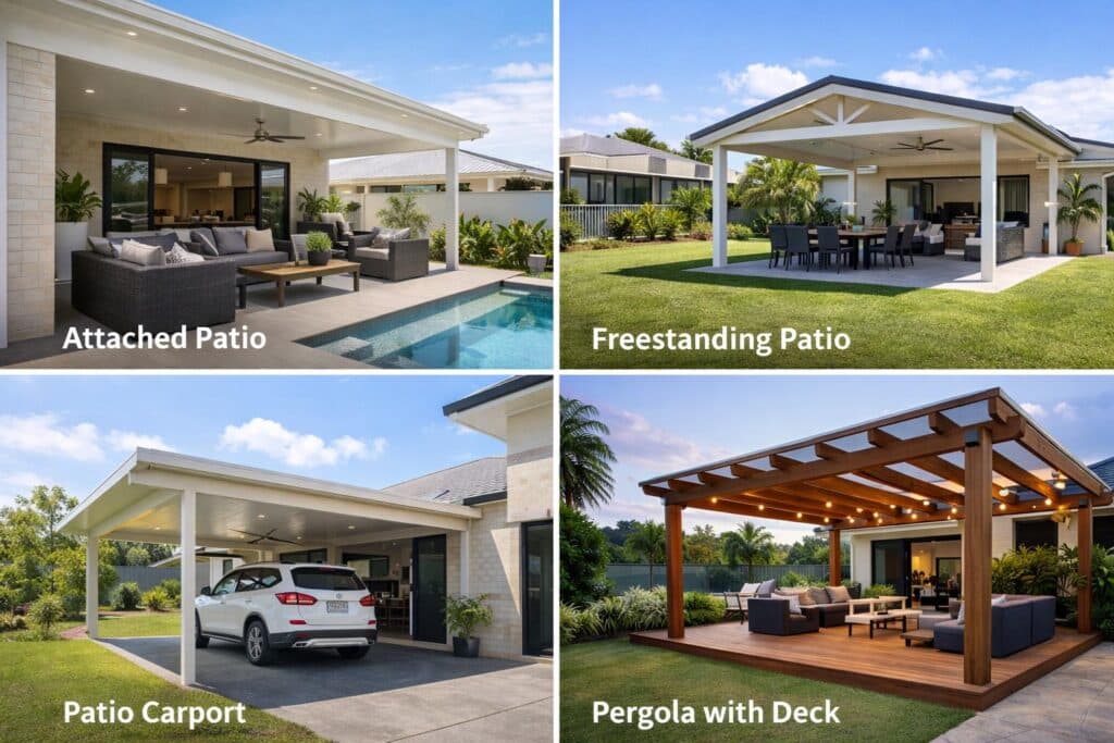 Different patio layout styles including attached, freestanding, and carport designs shown in a single visual comparison.