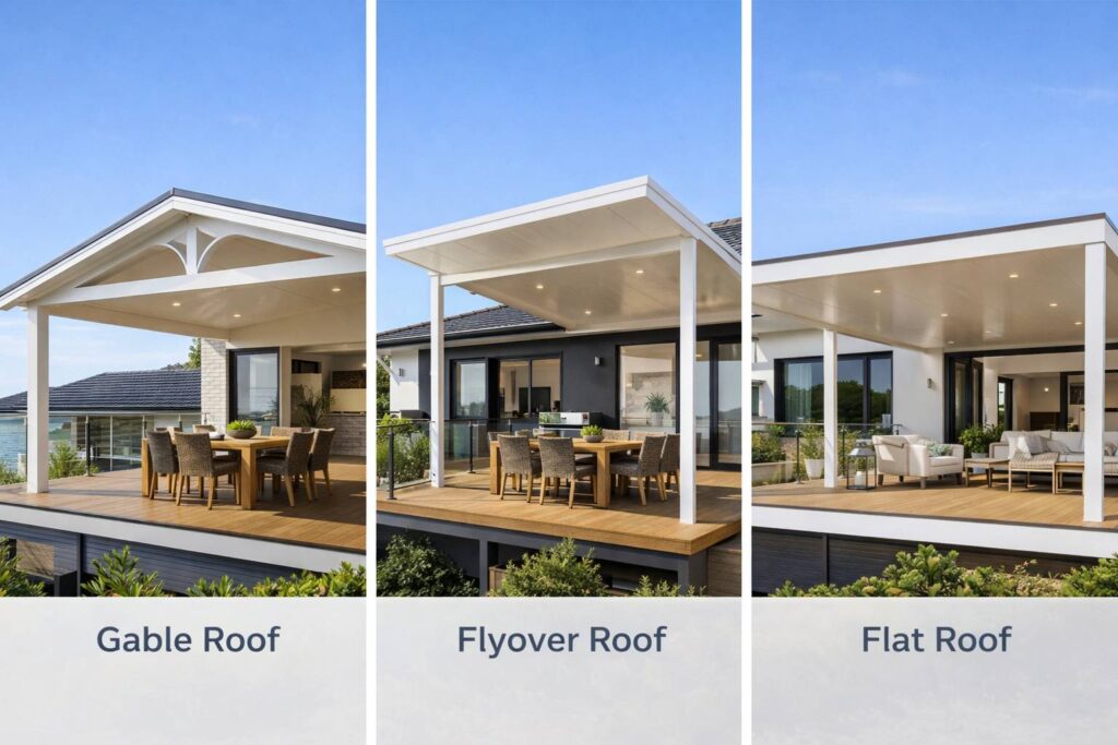 Comparison of gable, flyover, and flat patio roof designs on modern homes.