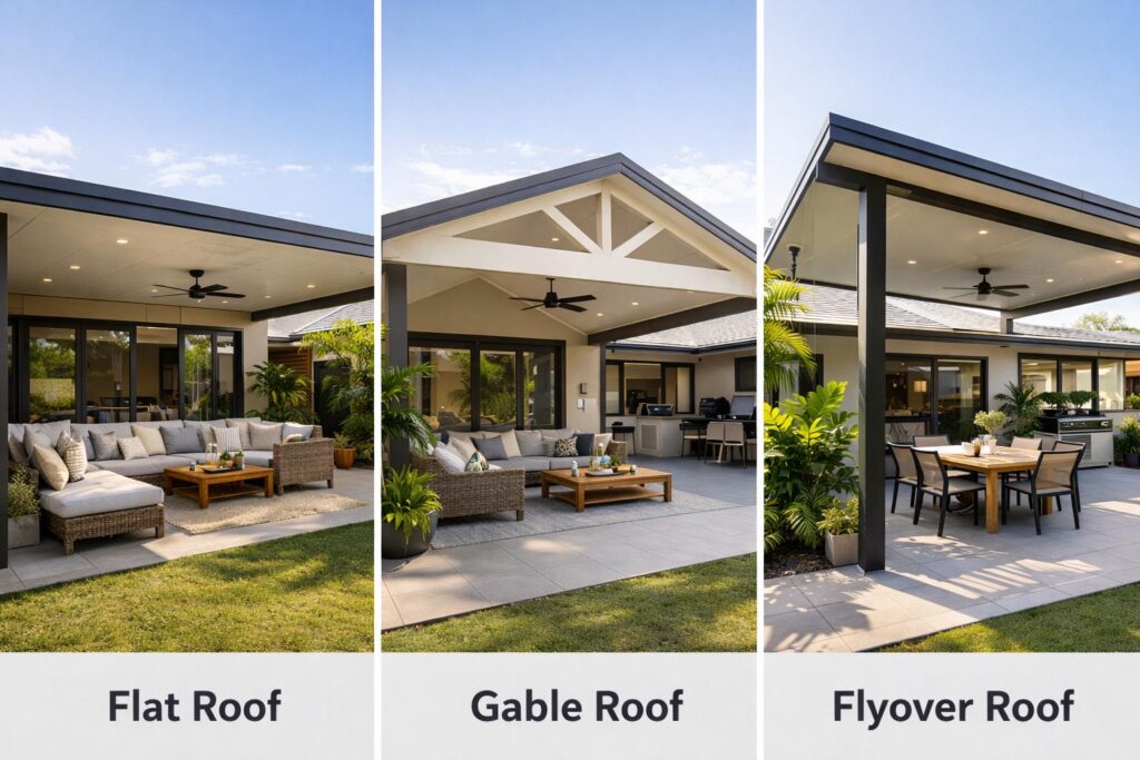 Comparison of flat, gable, and flyover patio roof designs on modern Australian homes.
