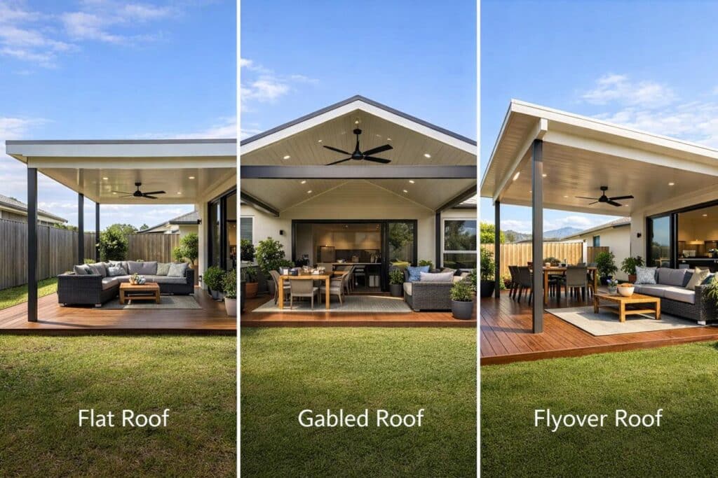 Side-by-side visual comparison of flat, gabled, and flyover patio roof designs on modern homes.