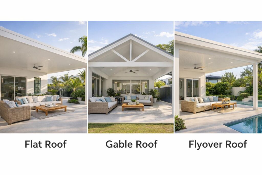 Comparison of three patio roof styles showing flat, gable, and flyover designs on modern homes.