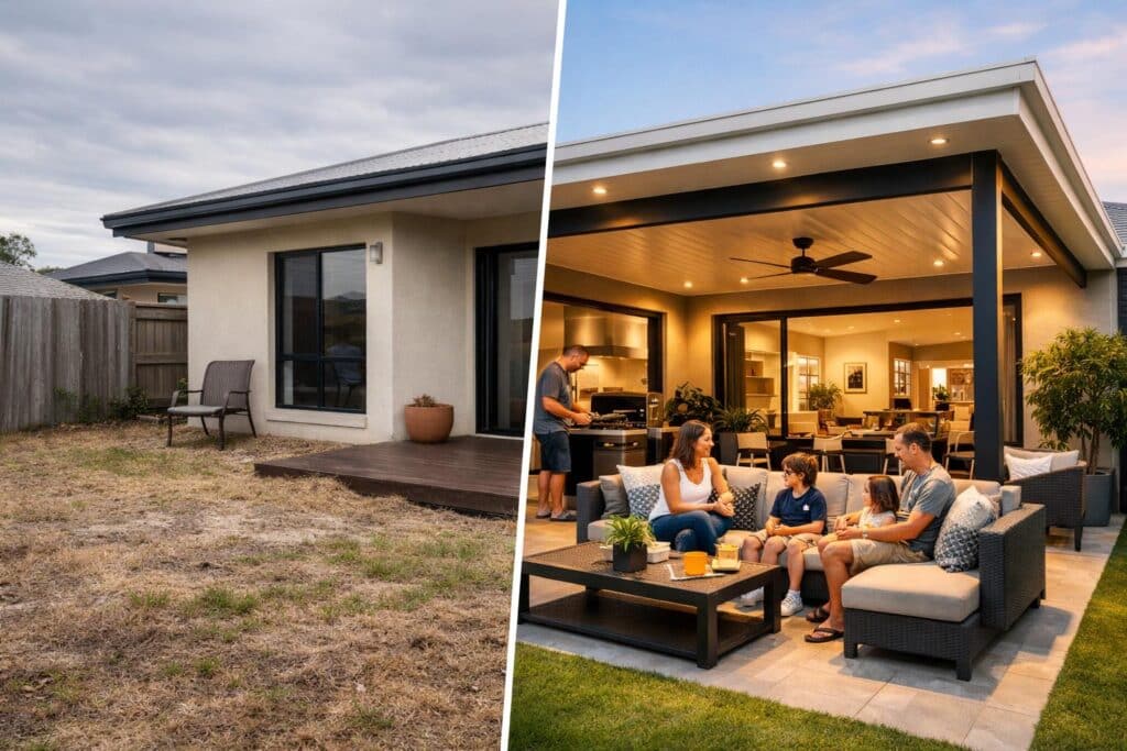Split-view of a Nerang home showing an unused backyard contrasted with a modern insulated patio being actively used for outdoor living.